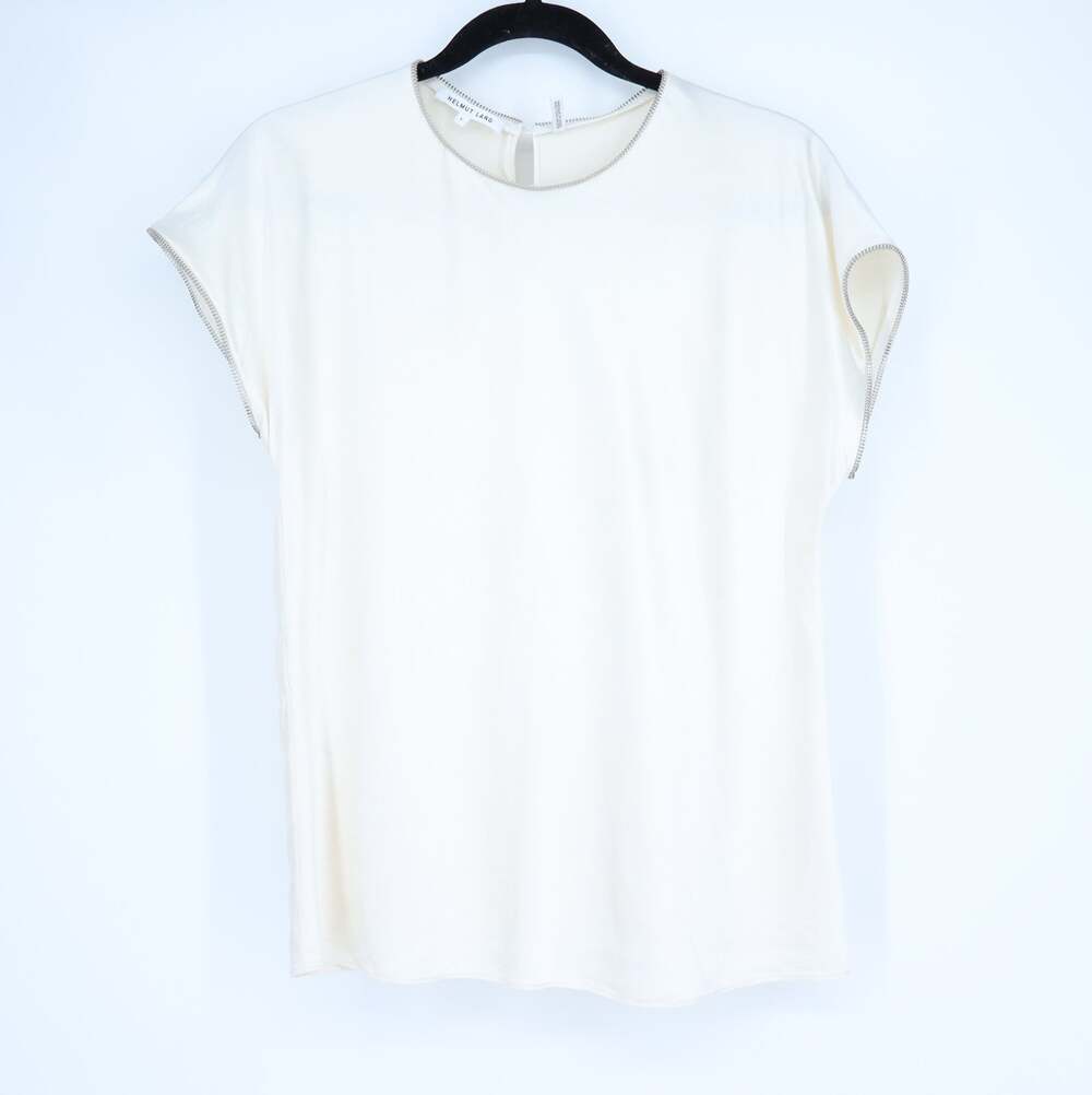 HELMUT LANG Zippered Trim Silk Blouse Ivory Short Cap Sleeve Women's L